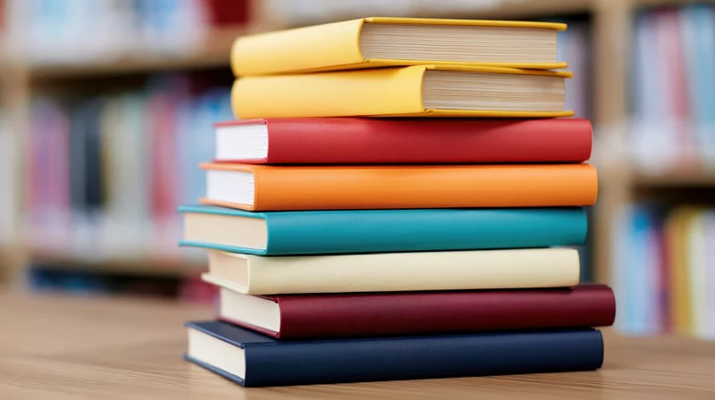 Stack of seven hardcover books with solid-colored spines arranged vertically on a wooden table in a library setting