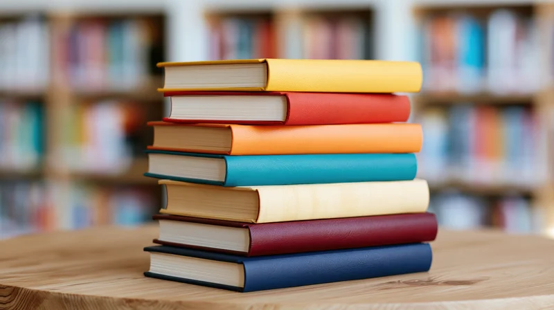 Stack of seven hardcover books with solid-colored spines on wooden table in library setting