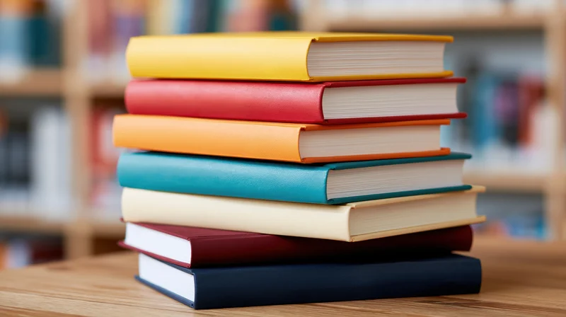Stack of seven hardcover books with solid-colored spines on wooden table in library setting