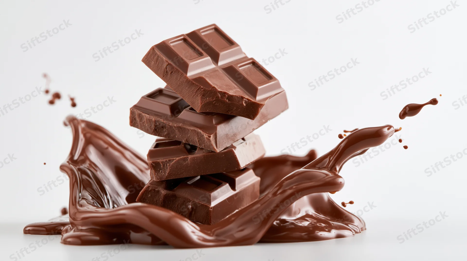 Stacked milk chocolate bar pieces falling into liquid melted chocolate with dynamic splash and drip motion on white background