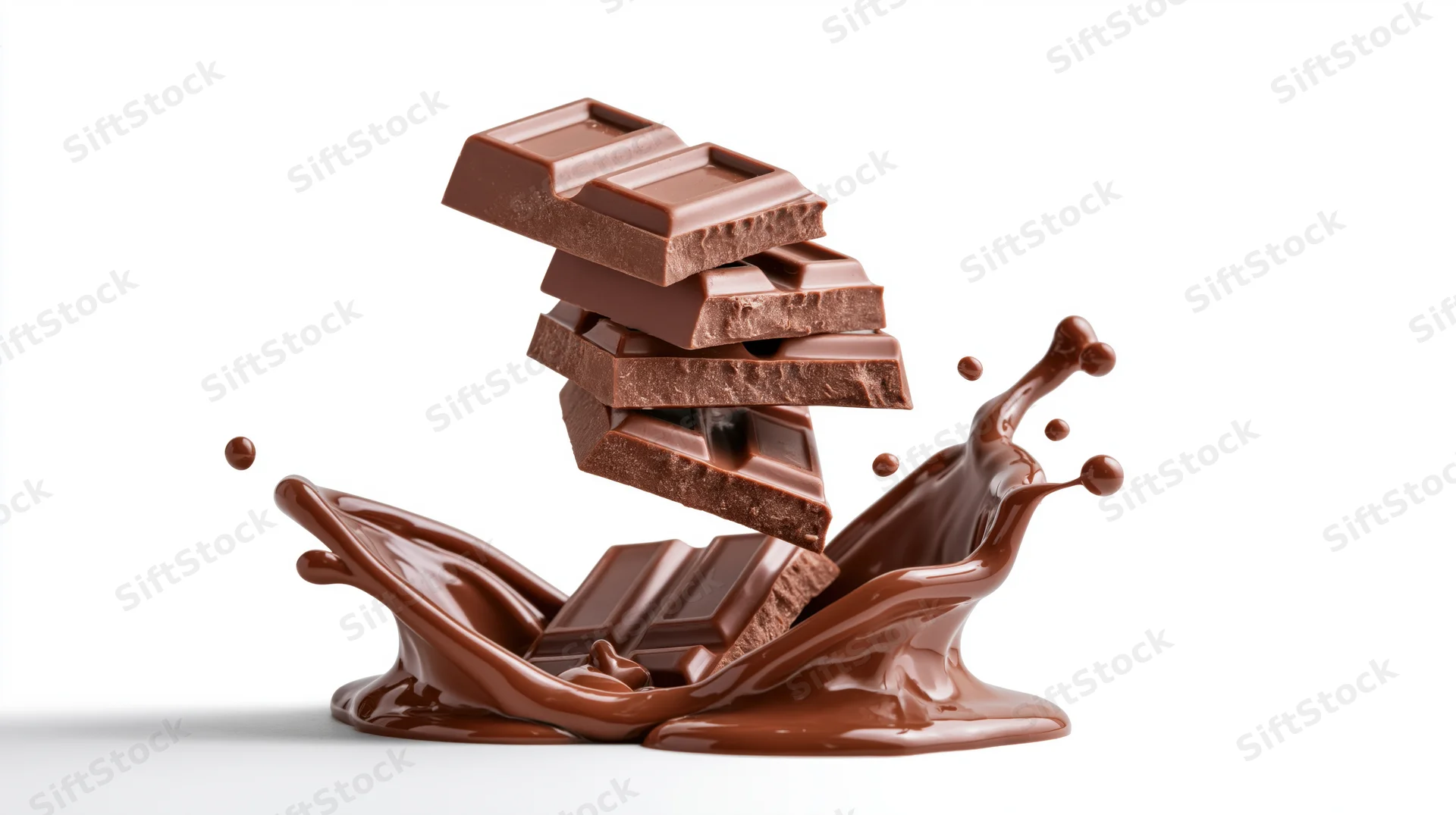 Stacked milk chocolate pieces falling into a pool of melted chocolate on a white background