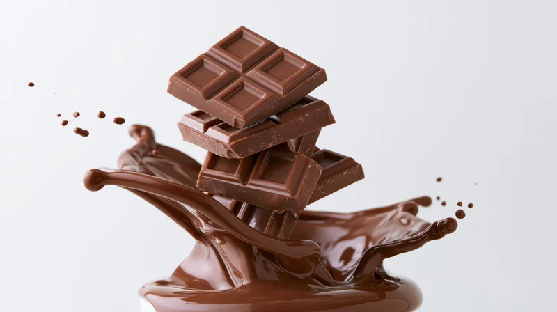 Stacked milk chocolate bar pieces falling into liquid melted chocolate with splash and droplets on white background