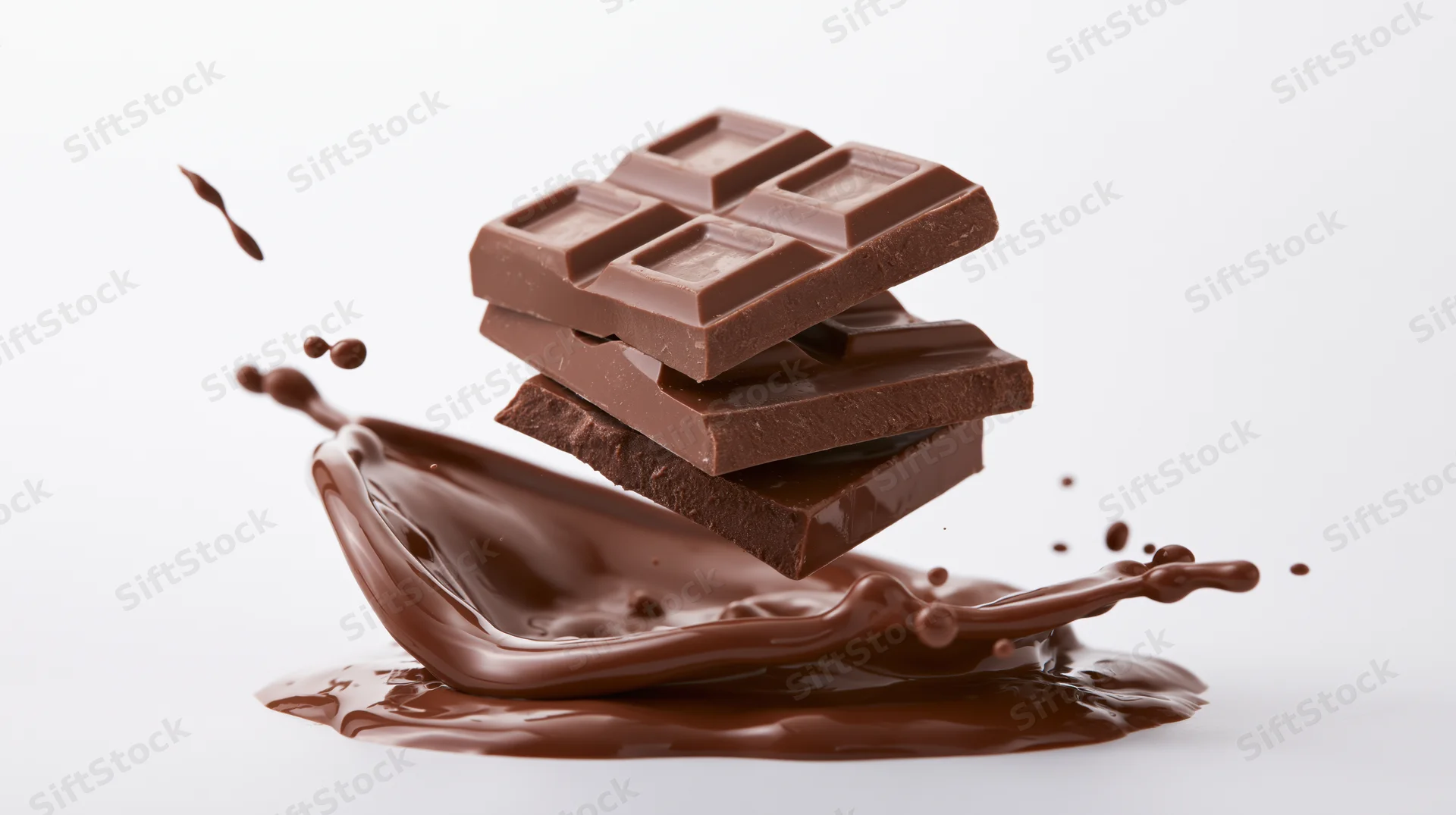 Stacked milk chocolate bar pieces falling into liquid melted chocolate splash on white background