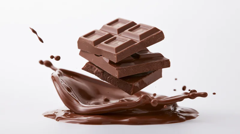 Stacked milk chocolate bar pieces falling into liquid melted chocolate splash on white background