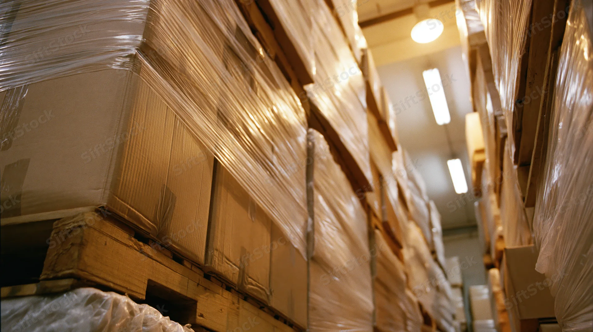 Stacks of cardboard boxes wrapped in plastic shrink wrap on pallets in a warehouse aisle
