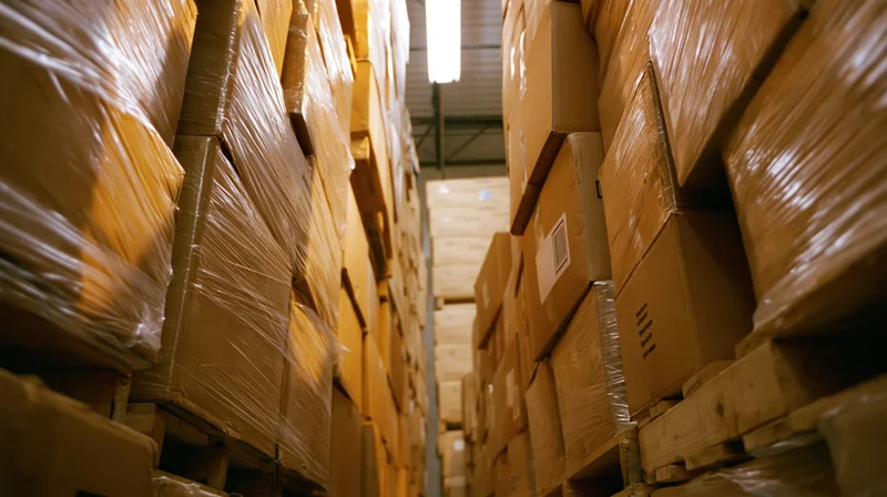 Stacks of cardboard boxes wrapped in plastic shrink wrap on pallets in a warehouse aisle