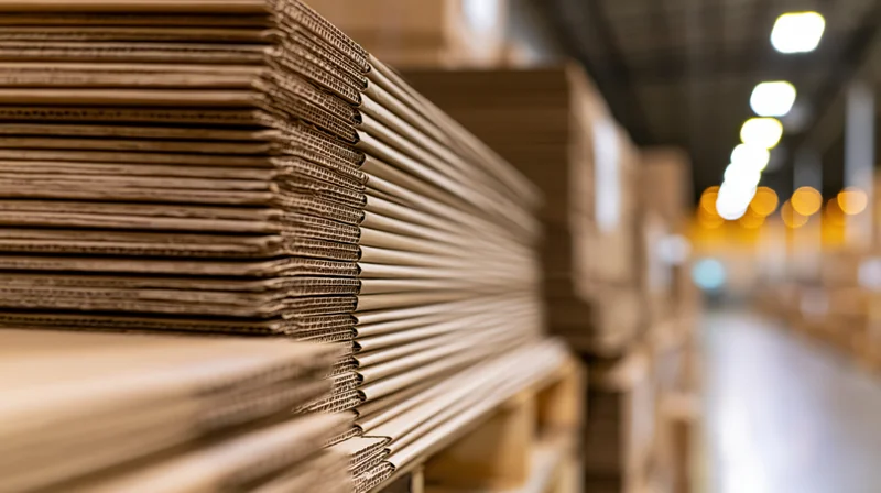 Stacks of flat corrugated cardboard sheets piled on wooden pallets in a warehouse