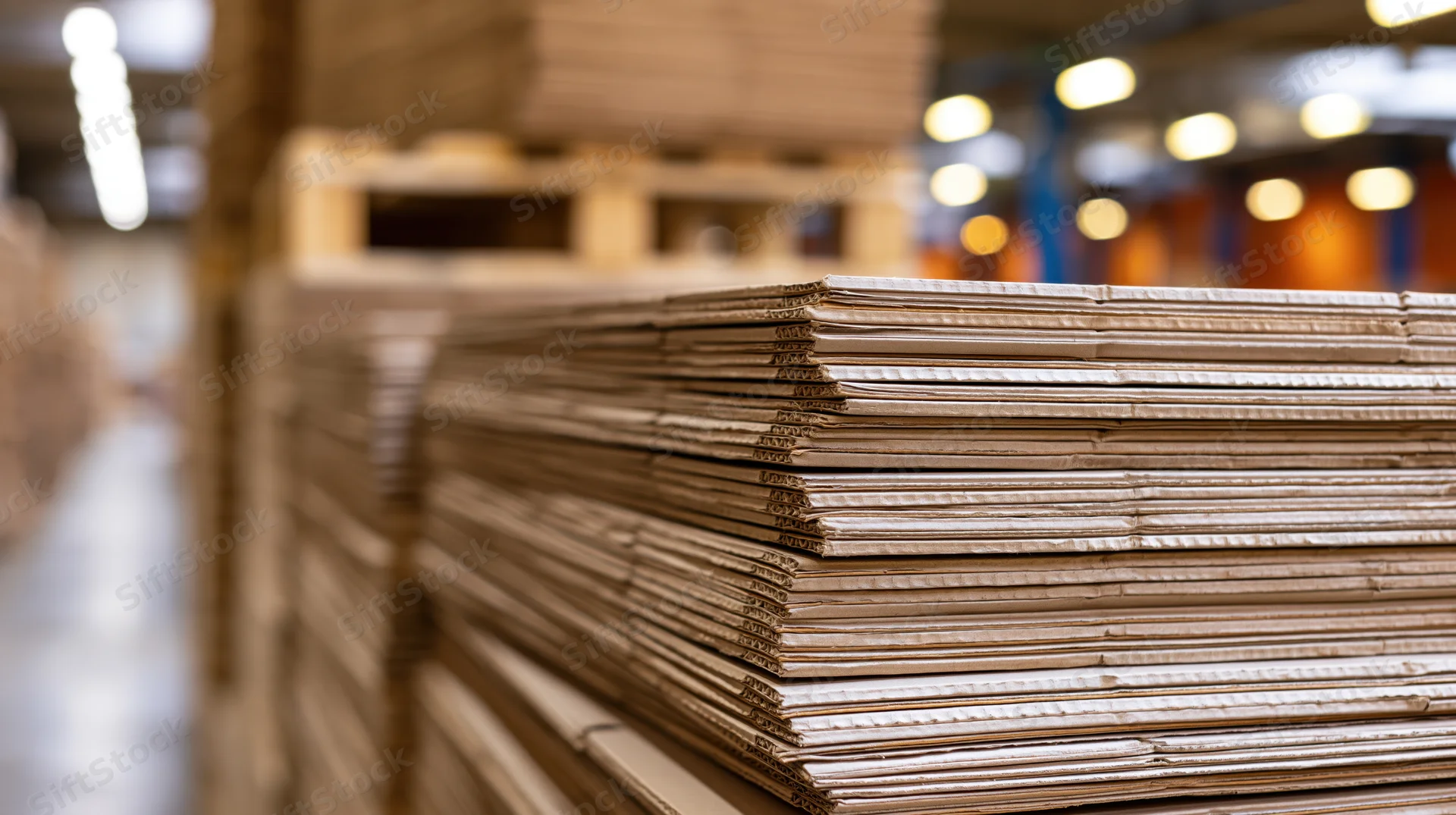 Stacks of flat corrugated cardboard sheets piled on wooden pallets in a warehouse