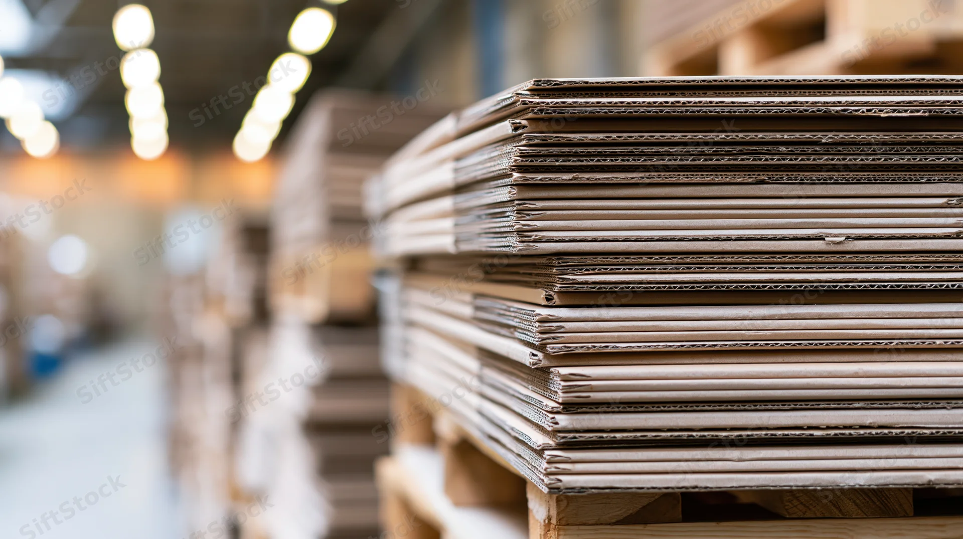Stacks of flat corrugated cardboard sheets piled on wooden pallets in a warehouse