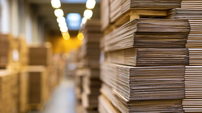 Stacks of flat corrugated cardboard sheets piled on wooden pallets in a warehouse aisle