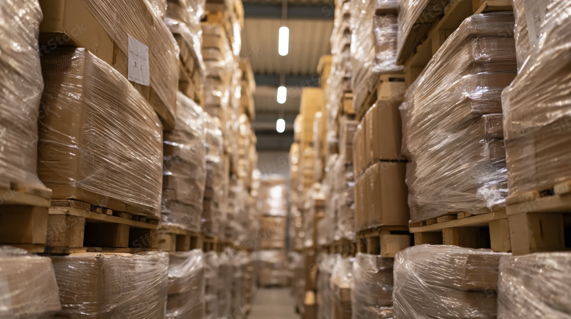 Stacks of shrink-wrapped cardboard boxes on wooden pallets in a warehouse aisle