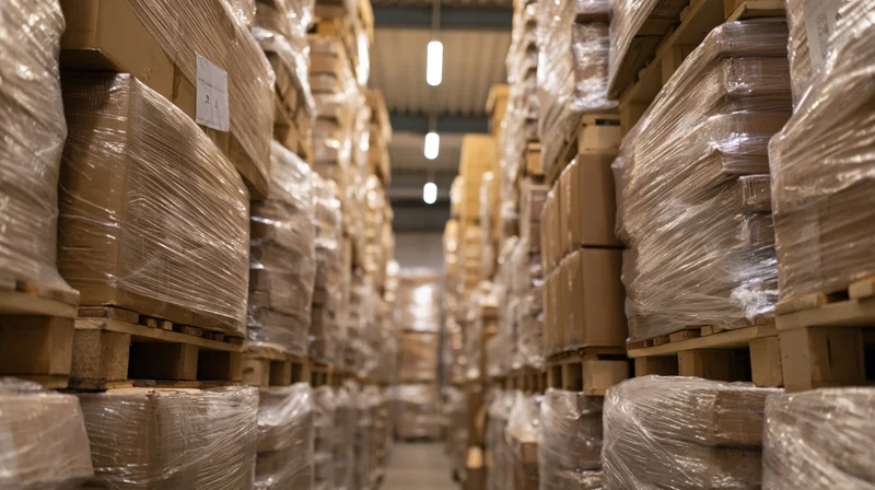Stacks of shrink-wrapped cardboard boxes on wooden pallets in a warehouse aisle