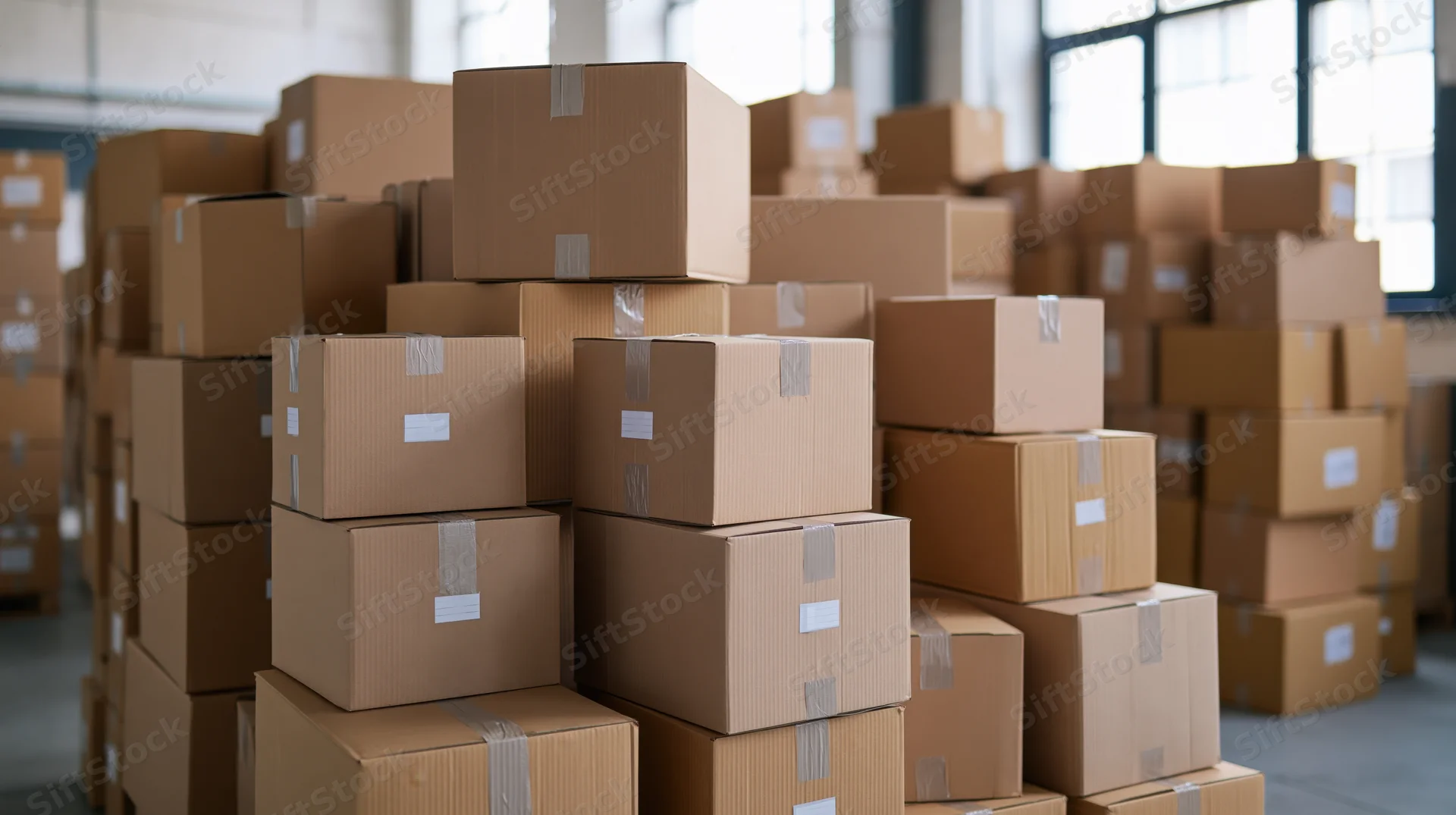 Stacks of sealed cardboard shipping boxes piled in a warehouse interior