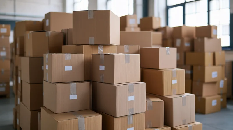 Stacks of sealed cardboard shipping boxes piled in a warehouse interior