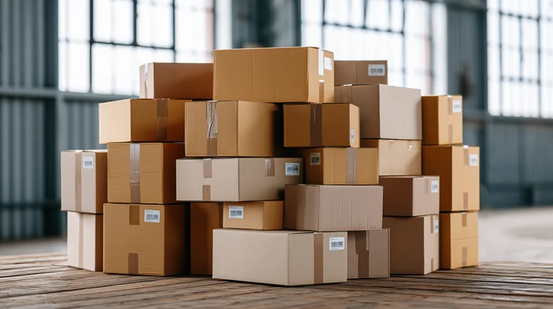 Stacks of sealed cardboard shipping boxes piled unevenly on a wooden floor in a warehouse interior