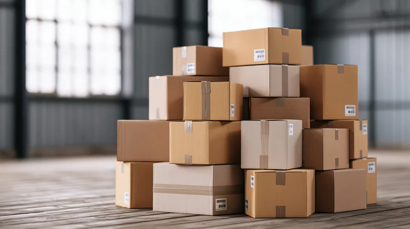Stacks of sealed cardboard shipping boxes piled unevenly on a wooden floor in a warehouse interior