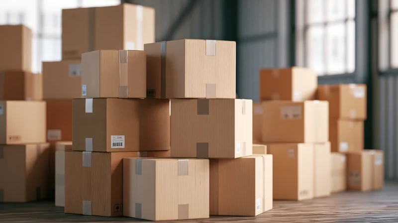 Stacks of sealed cardboard shipping boxes piled unevenly on a warehouse floor