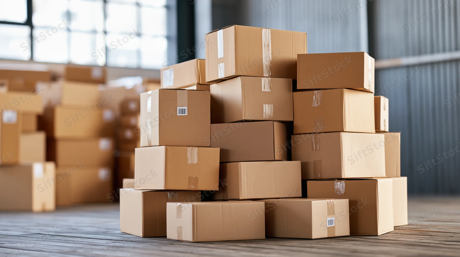 Stacks of sealed cardboard shipping boxes piled unevenly on a warehouse floor