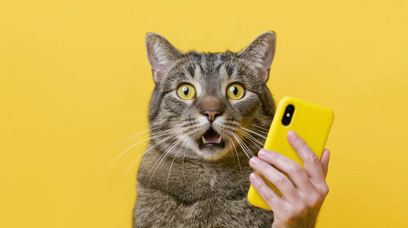Tabby cat with wide eyes and open mouth holding a yellow smartphone against a bright yellow background