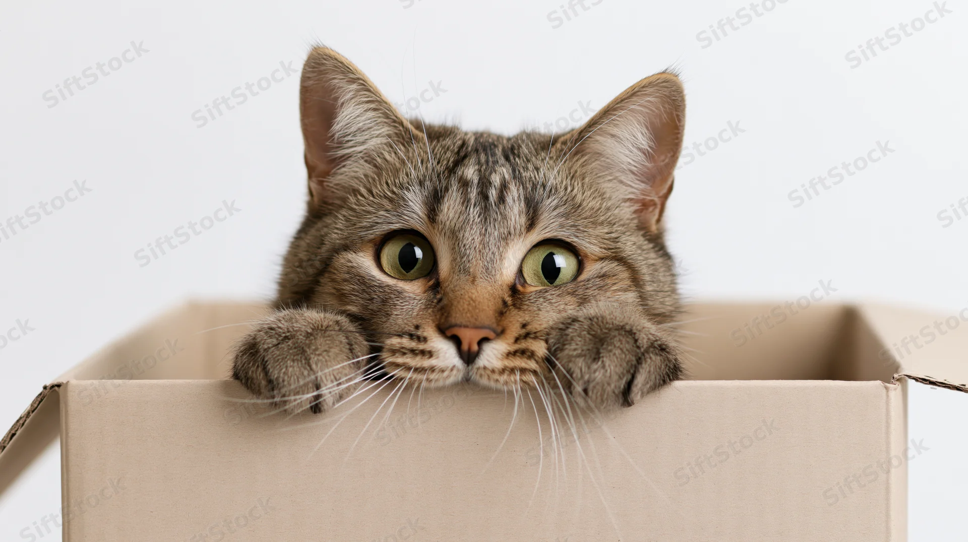 Tabby cat peeking over edge of open cardboard box in studio setting
