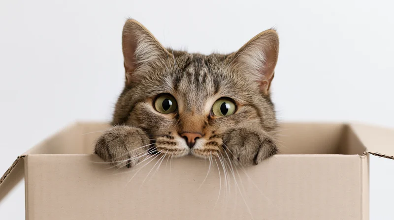 Tabby cat peeking over edge of open cardboard box in studio setting