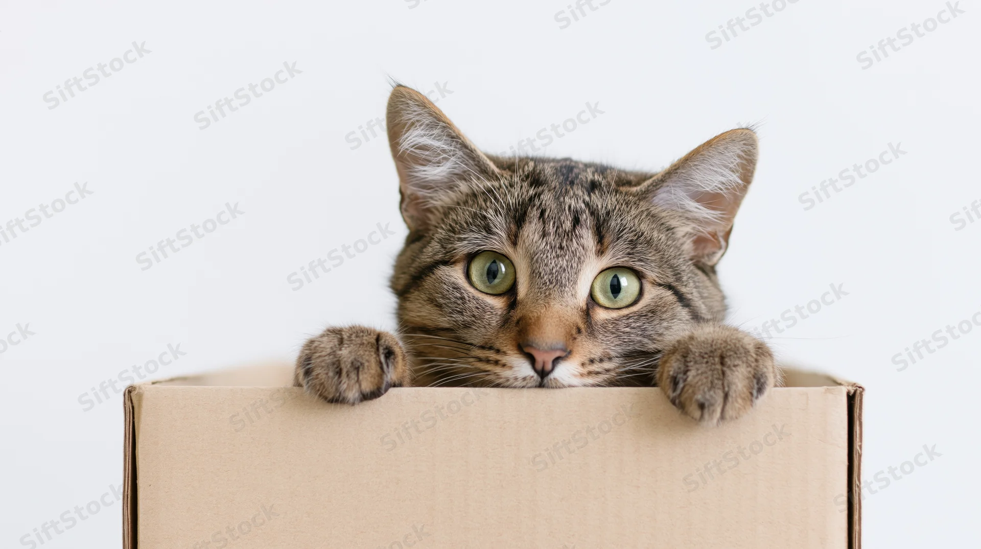 Tabby cat peeking over edge of open cardboard box in studio setting