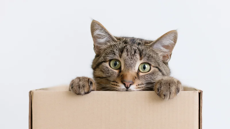 Tabby cat peeking over edge of open cardboard box in studio setting
