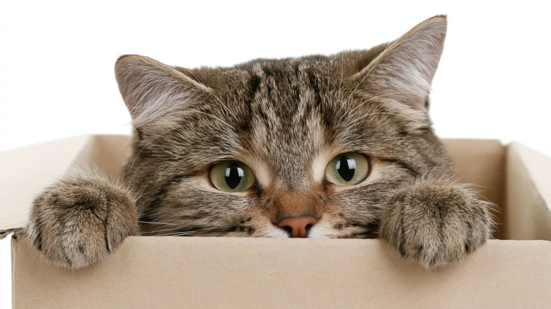 Tabby cat peeking over edge of open cardboard box with paws resting on rim