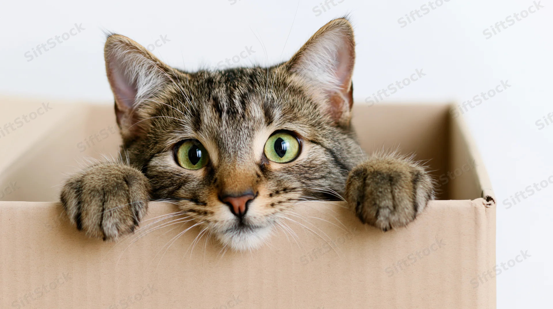 Tabby cat peeking over edge of open cardboard box with paws resting on rim