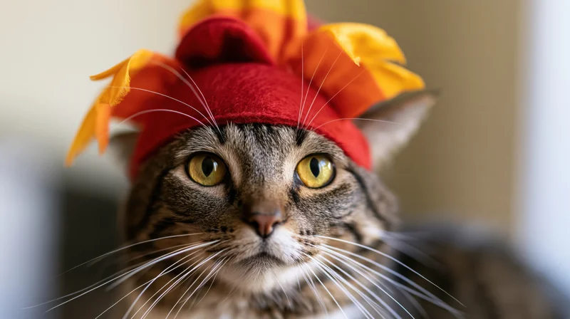 Tabby cat wearing red felt turkey hat with orange and yellow feathers indoors