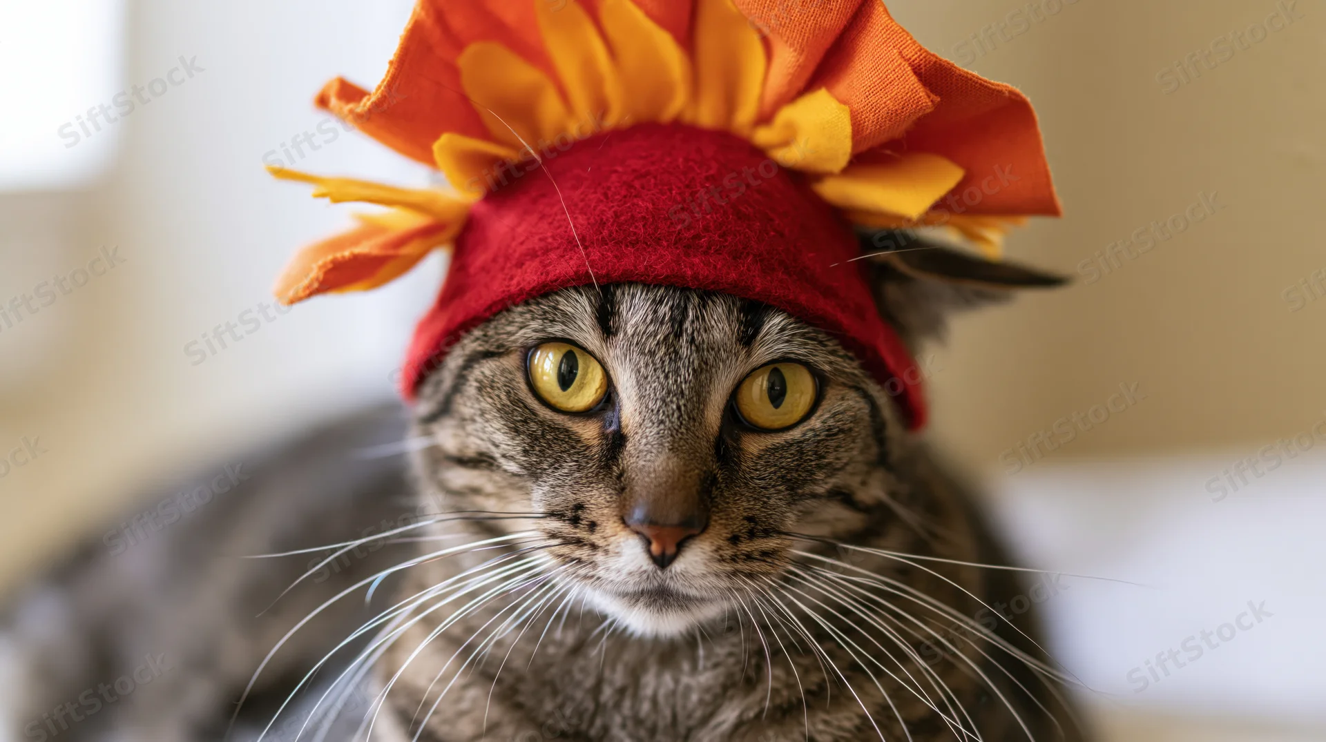 Tabby cat wearing red felt turkey hat with orange and yellow feathers, indoors, close-up portrait