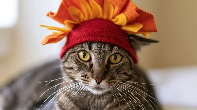 Tabby cat wearing red felt turkey hat with orange and yellow feathers, indoors, close-up portrait