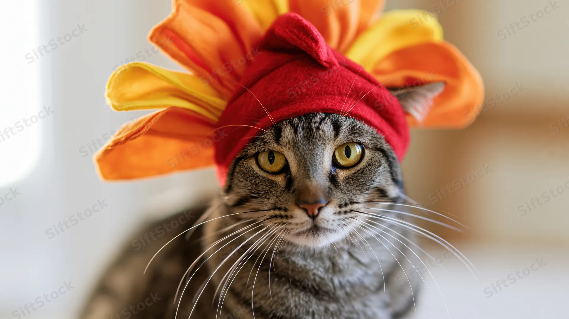 Tabby cat wearing a red felt turkey hat with orange and yellow feathers indoors