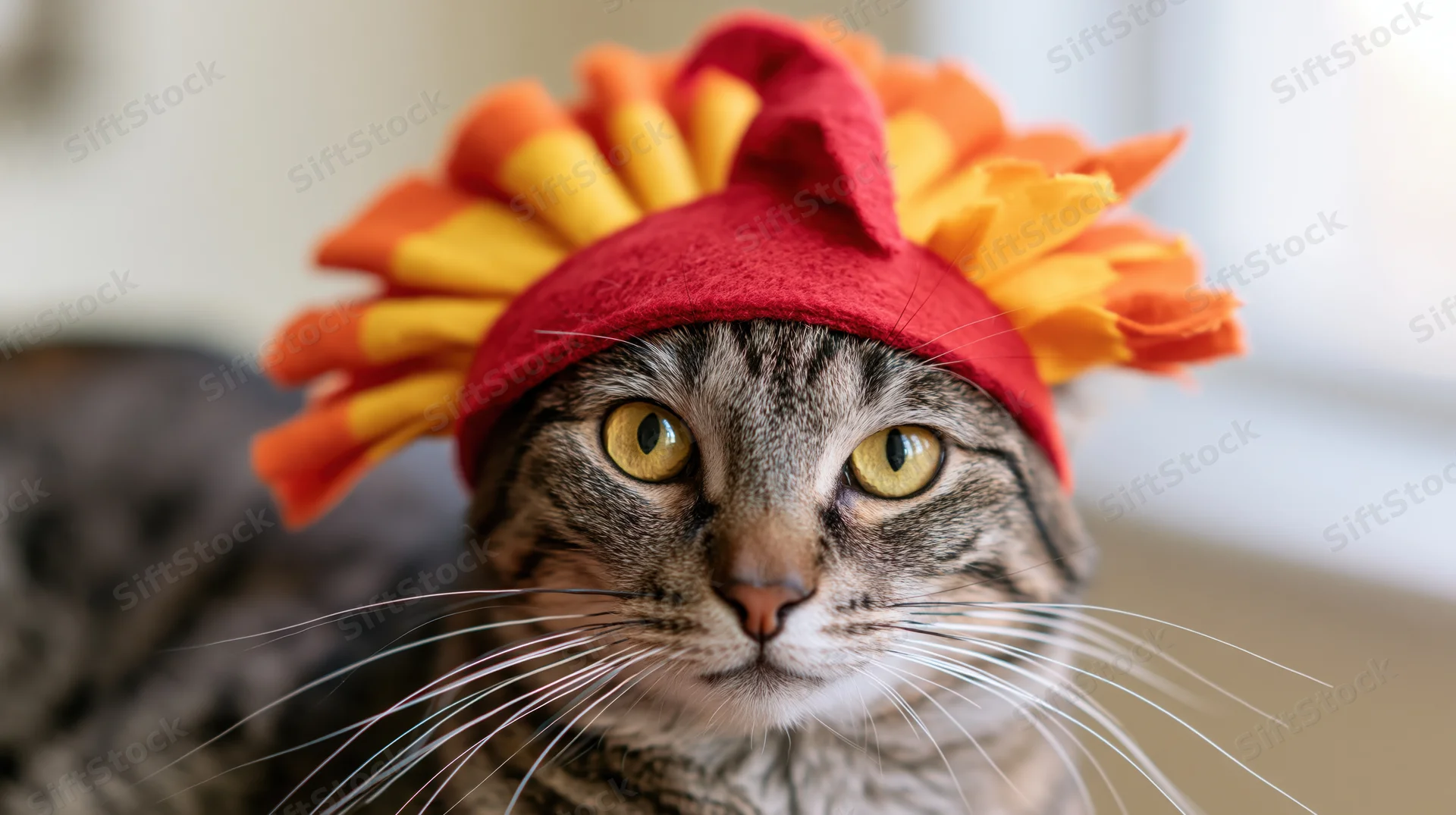 Tabby cat wearing a red felt turkey hat with orange and yellow feathers indoors
