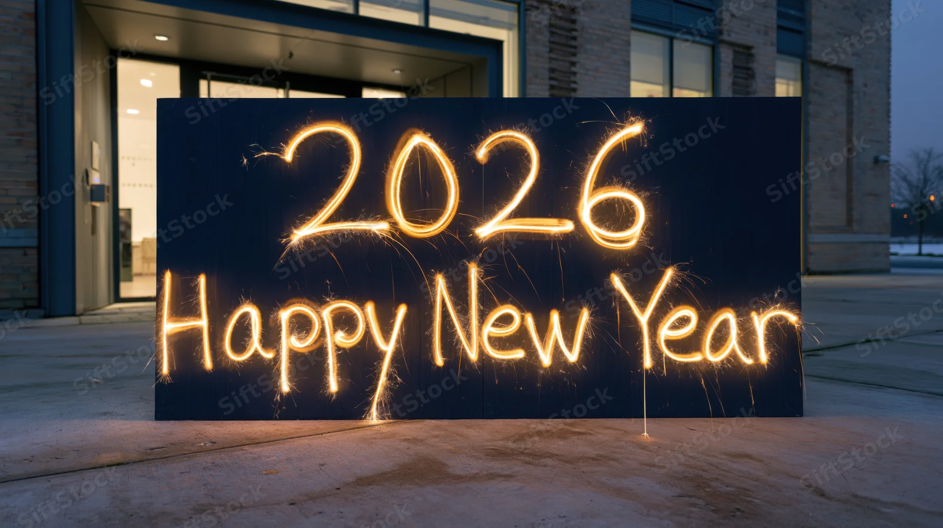 Sparkler light display spelling 2026 Happy New Year on a dark panel outside a modern building entrance at night