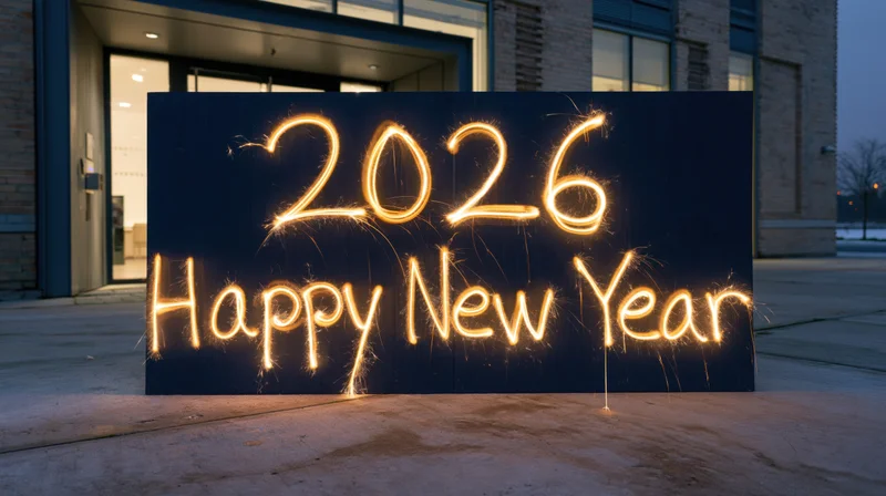Sparkler light display spelling 2026 Happy New Year on a dark panel outside a modern building entrance at night