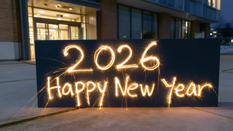 Sparkler writing of 2026 Happy New Year on a sign outside a modern building at evening