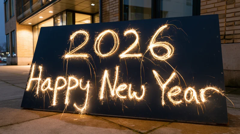 Sparkler-written 2026 Happy New Year message on black board outdoors at night near building