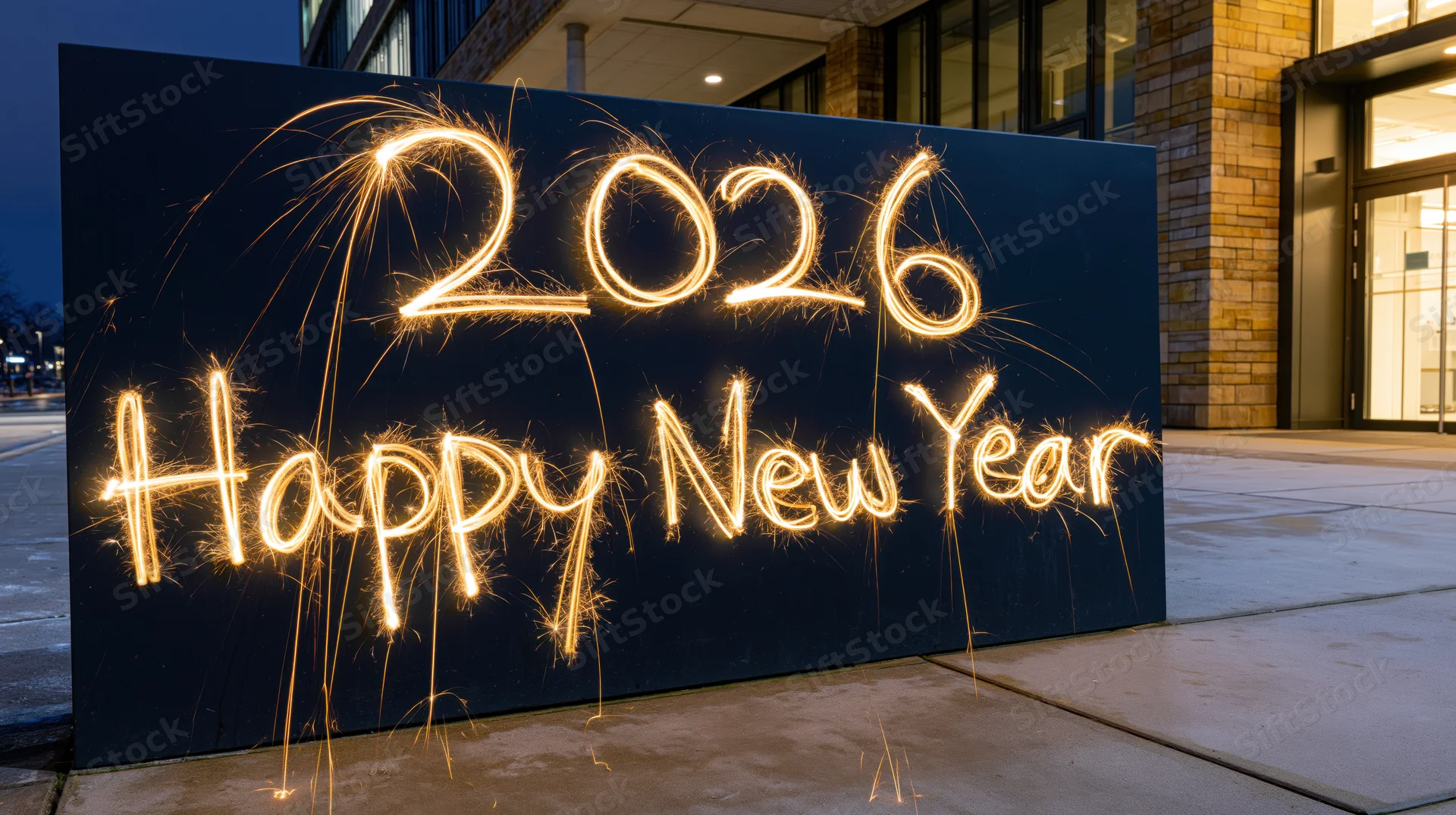 Sparkler light painting of 2026 Happy New Year text on dark panel outside modern building at night