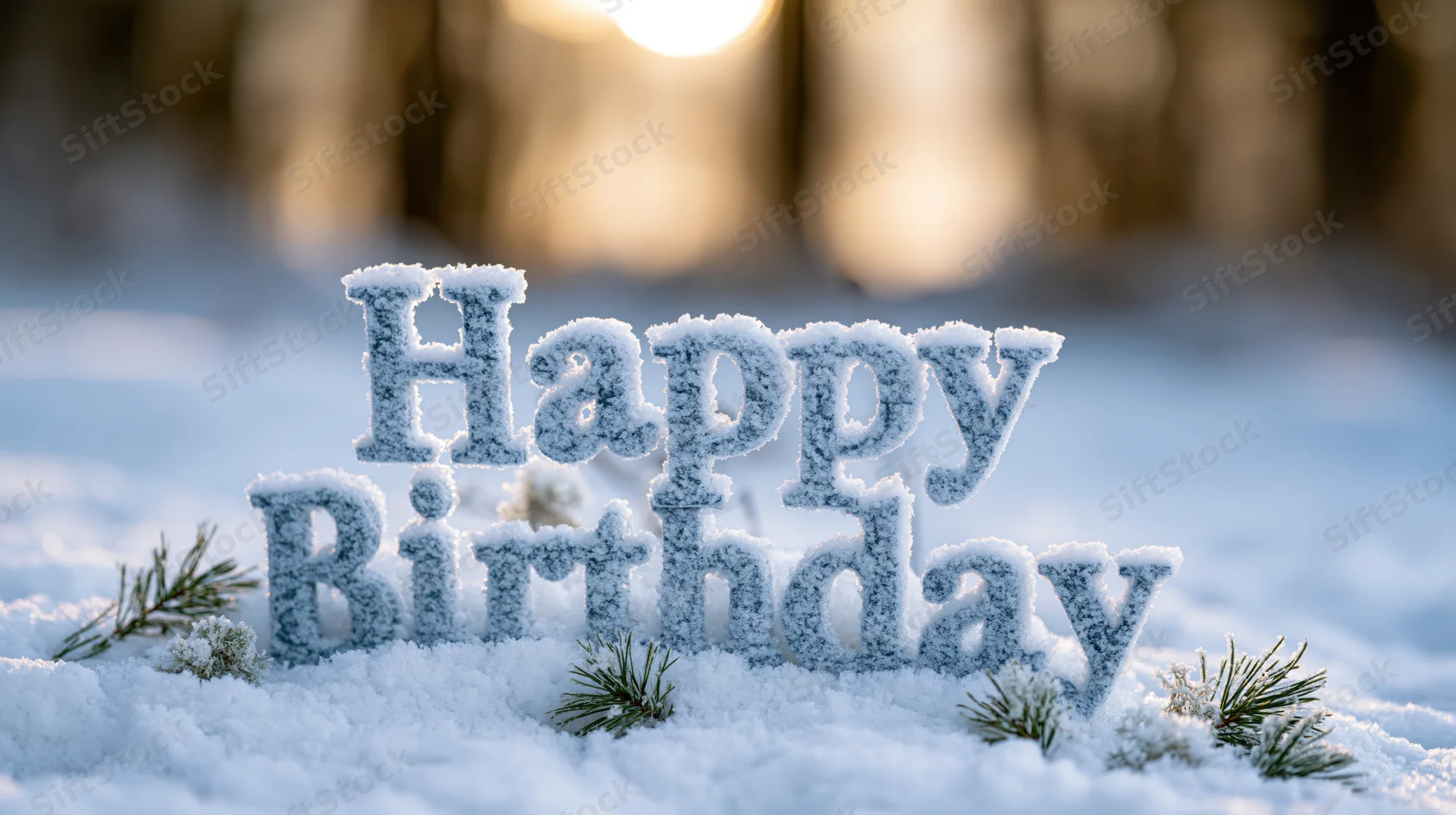 Frosted three-dimensional letters spelling happy birthday in snow with pine sprigs and blurred forest at sunrise