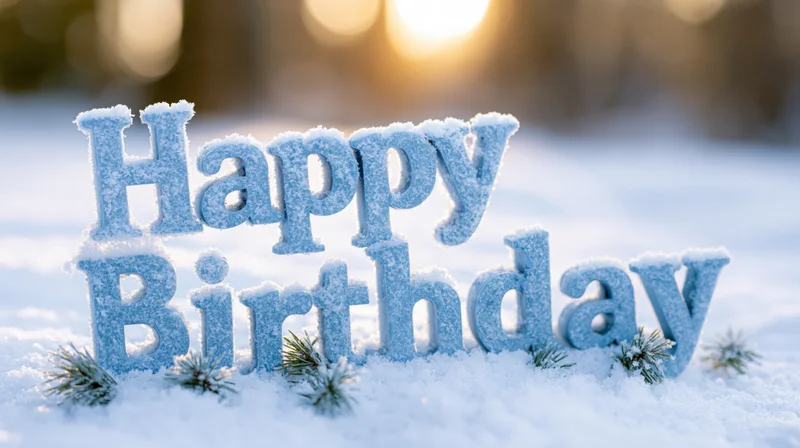 Frosted happy birthday letters in snow with pine sprigs and sunlight bokeh background