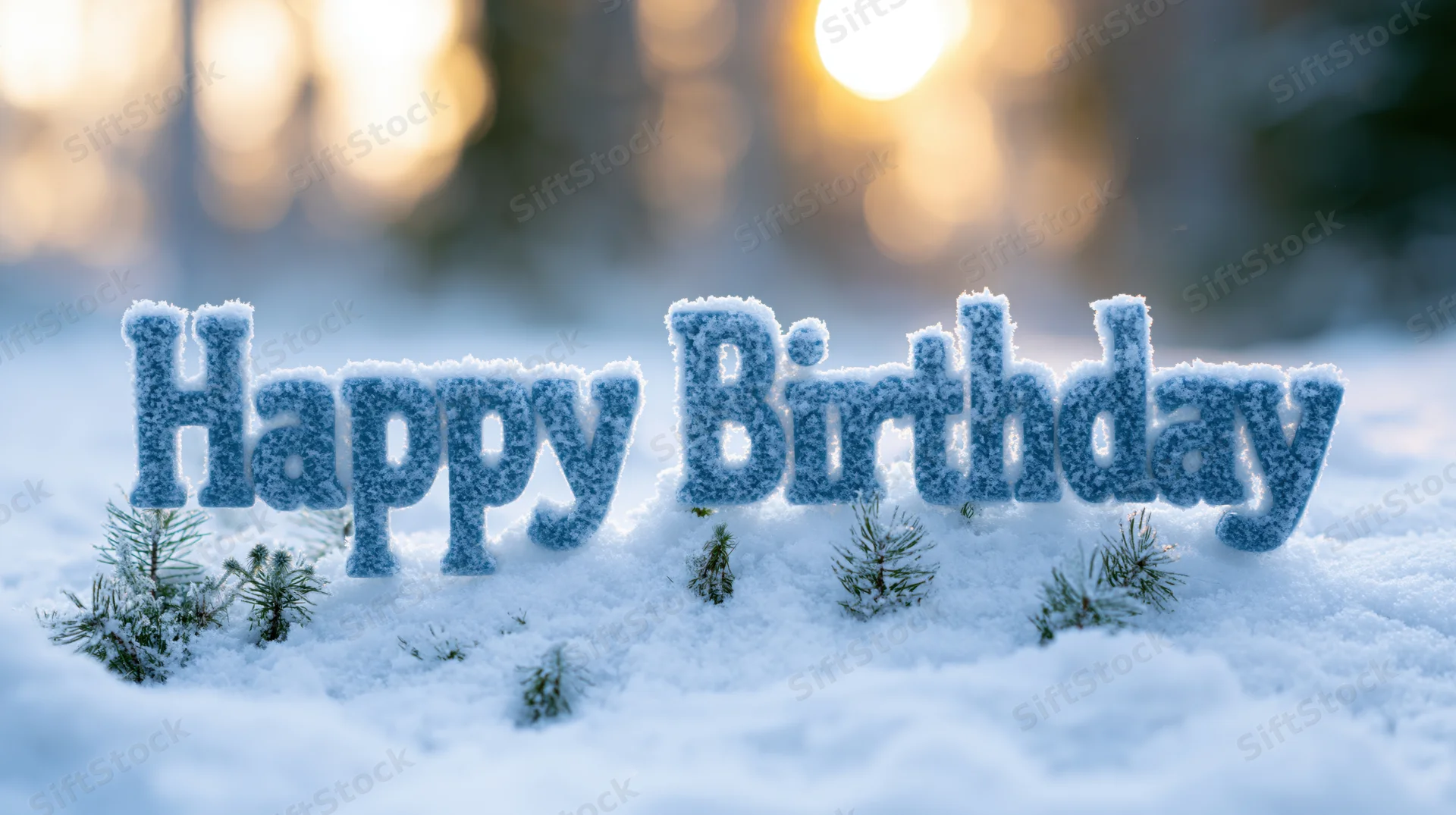 Frosted happy birthday letters in snow with evergreen branches and sunlight in background
