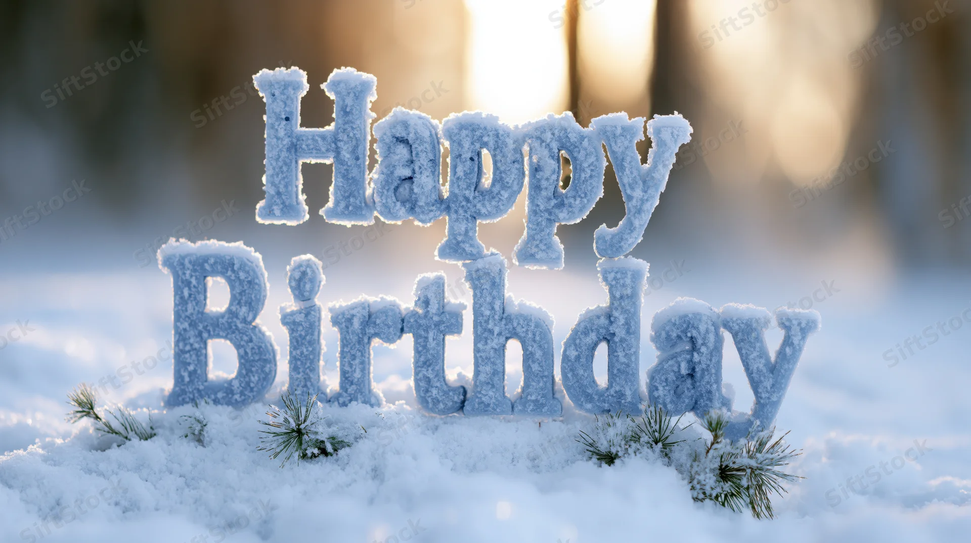 Frosted happy birthday letters in snow with pine branches and blurred forest background
