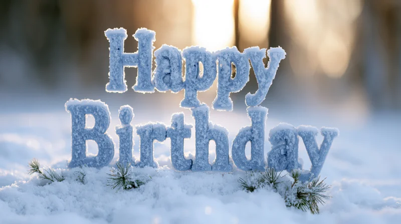 Frosted happy birthday letters in snow with pine branches and blurred forest background