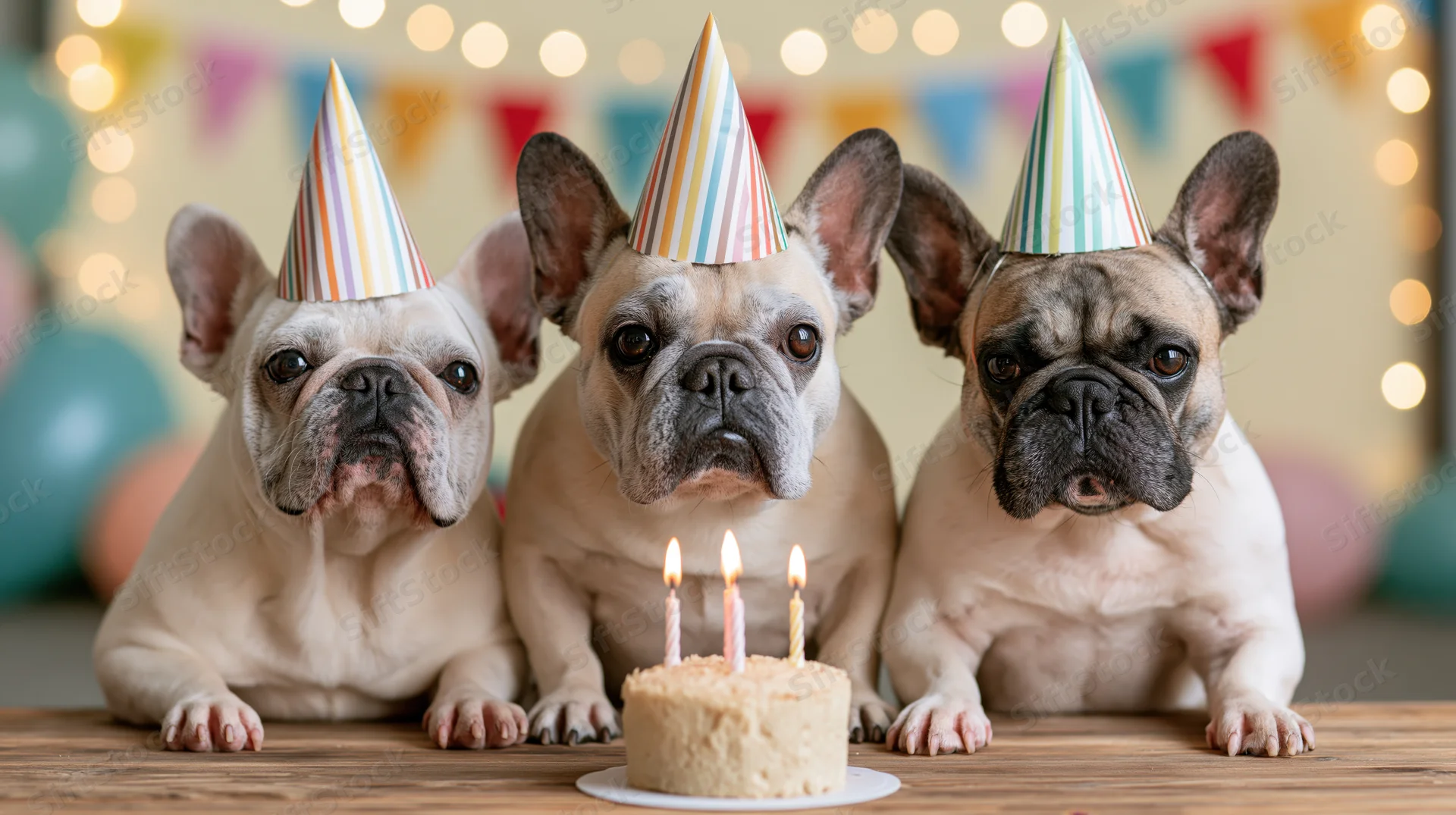 Three french bulldogs wearing striped party hats sitting at a table with a birthday cake and candles in front of festive decorations