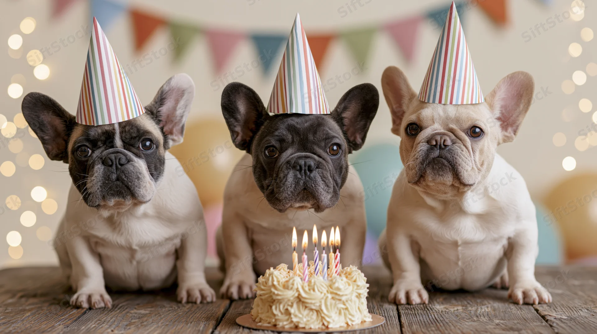 Three french bulldog puppies wearing striped party hats sitting around a birthday cake with lit candles on a wooden table at a festive indoor celebration