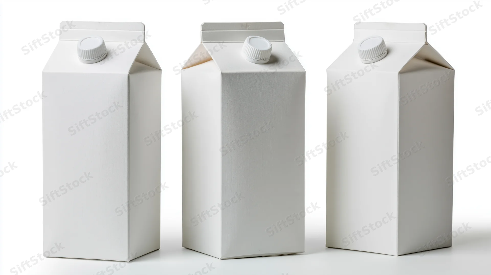 Three blank white cardboard beverage cartons arranged in a row on a white surface