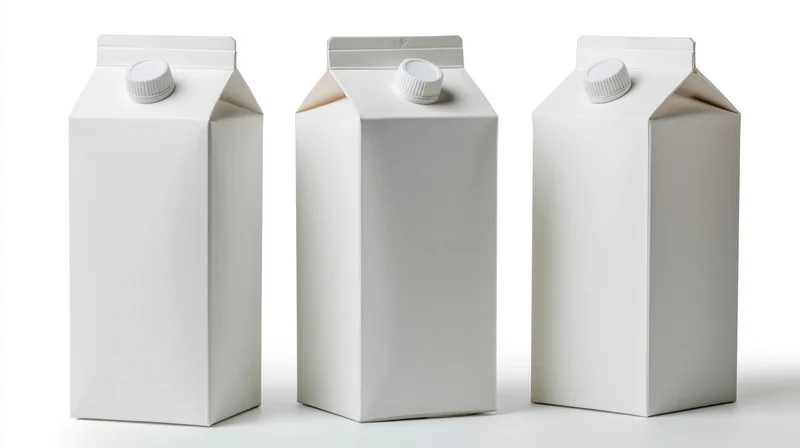 Three blank white cardboard beverage cartons arranged in a row on a white surface