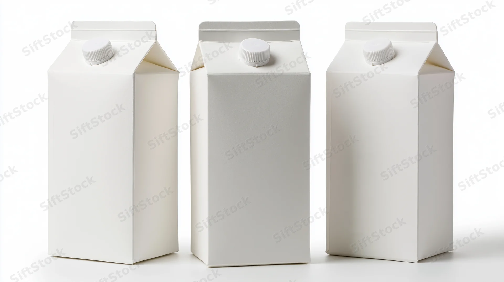 Three blank white cardboard cartons arranged in a row on a white surface