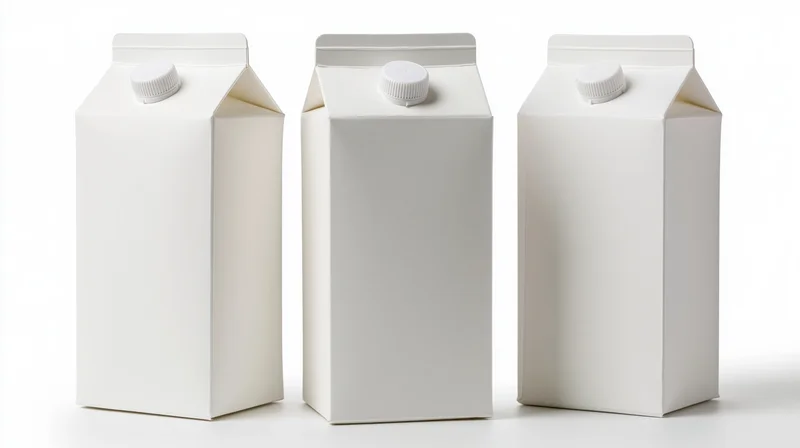 Three blank white cardboard cartons arranged in a row on a white surface